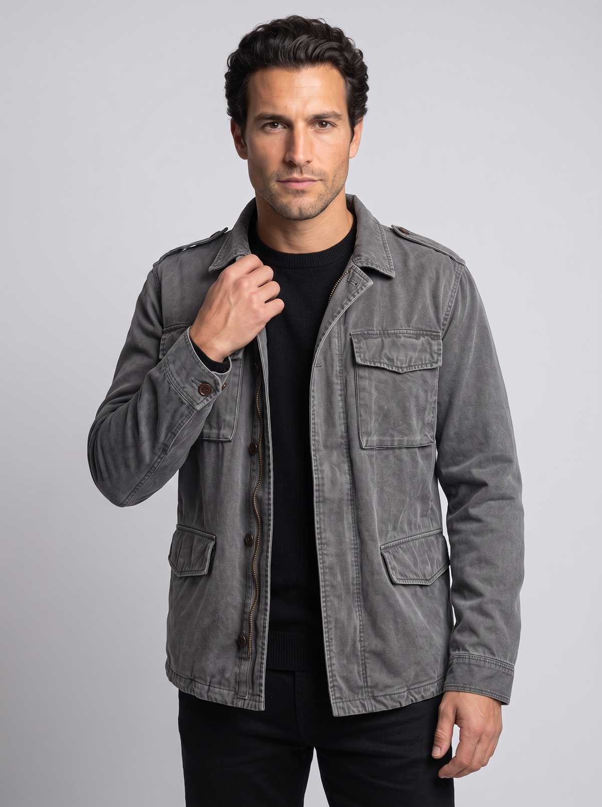 Field Jacket Uomo Militare Vintage Lavata Quattro Tasche con Patta