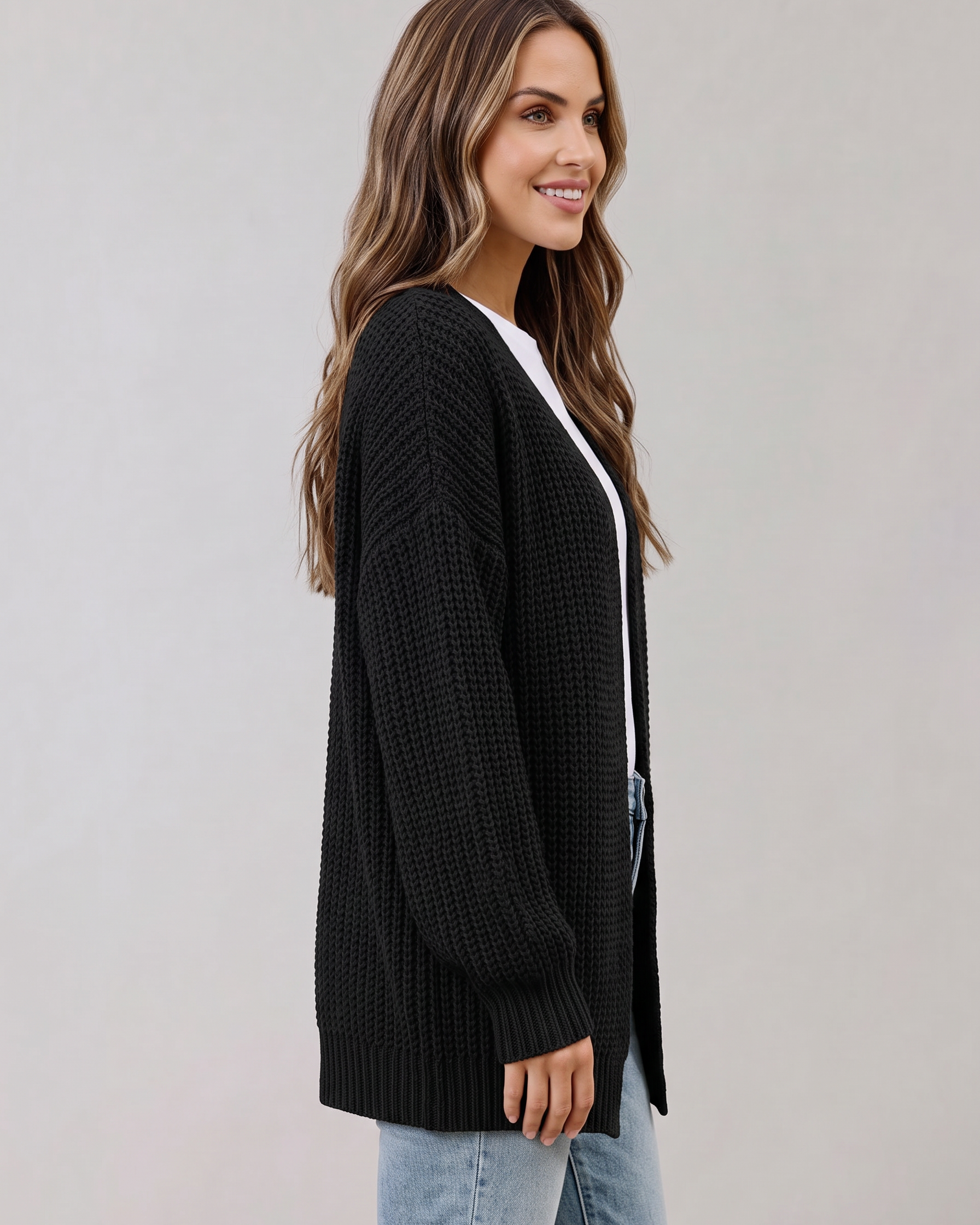 Cardigan Donna Oversize Maglia Grossa Aperto Maniche a Palloncino