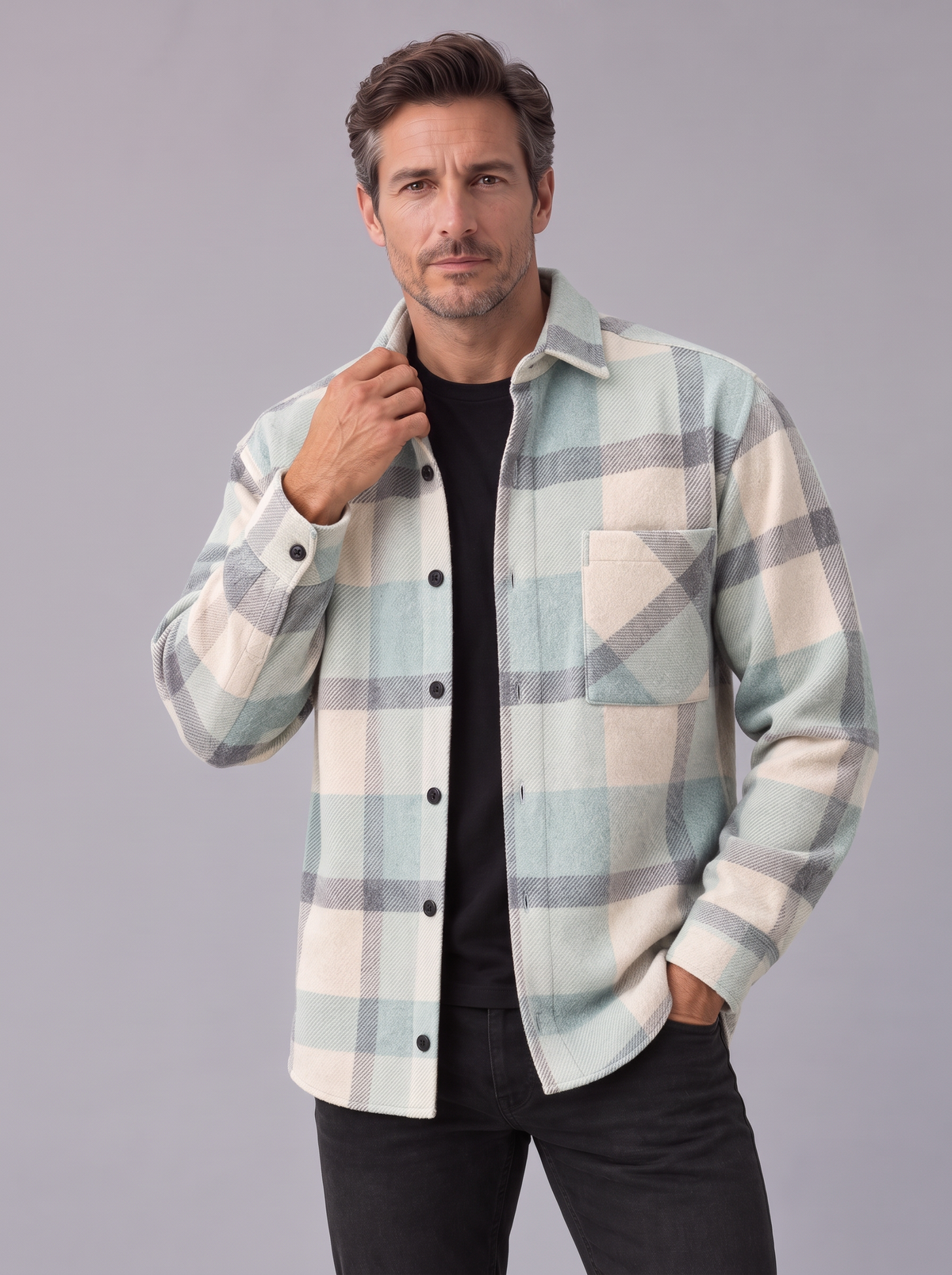 Camicia Giacca Uomo a Quadri Spazzolata Overshirt Taschino