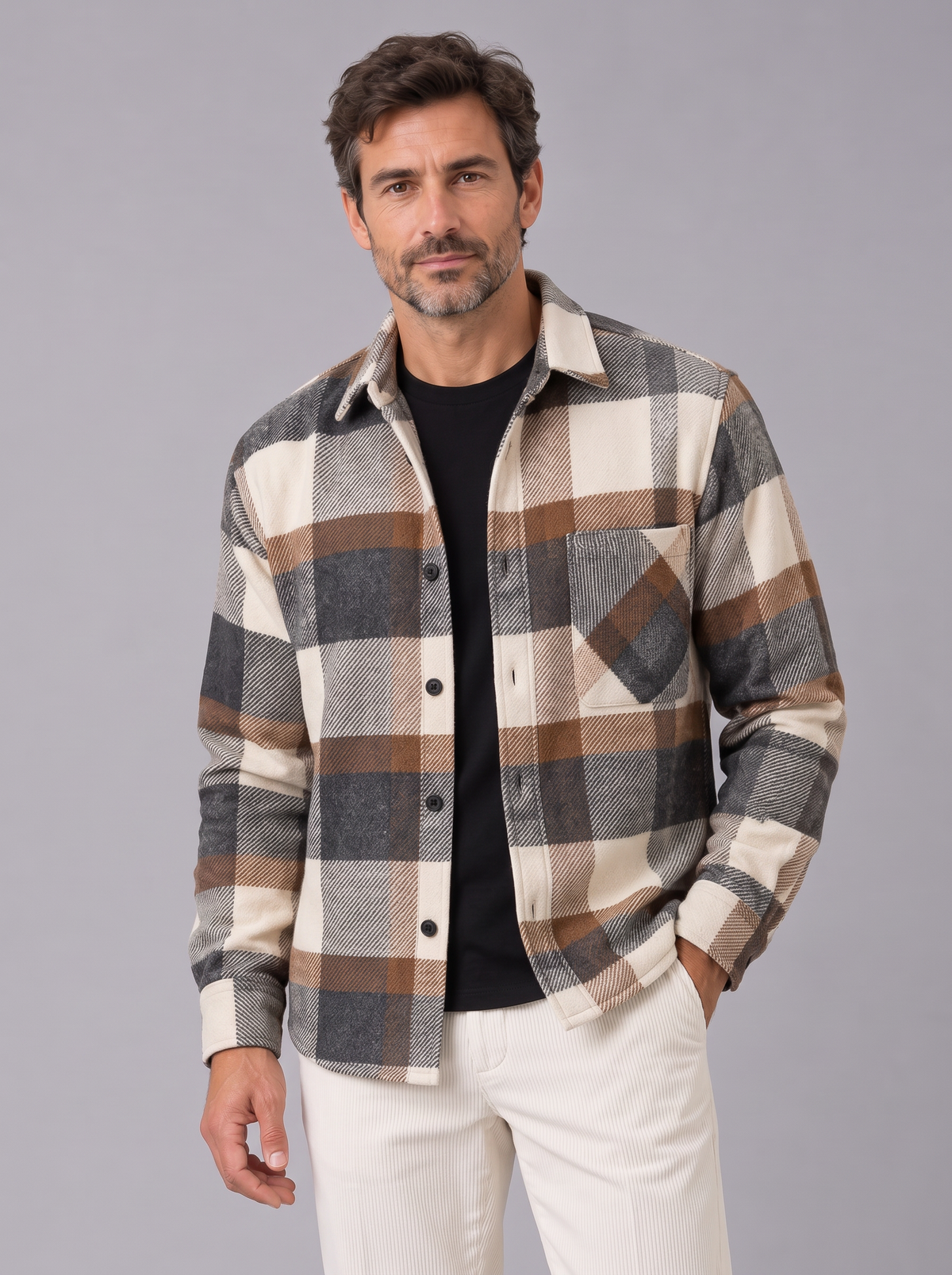 Camicia Giacca Uomo a Quadri Spazzolata Overshirt Taschino