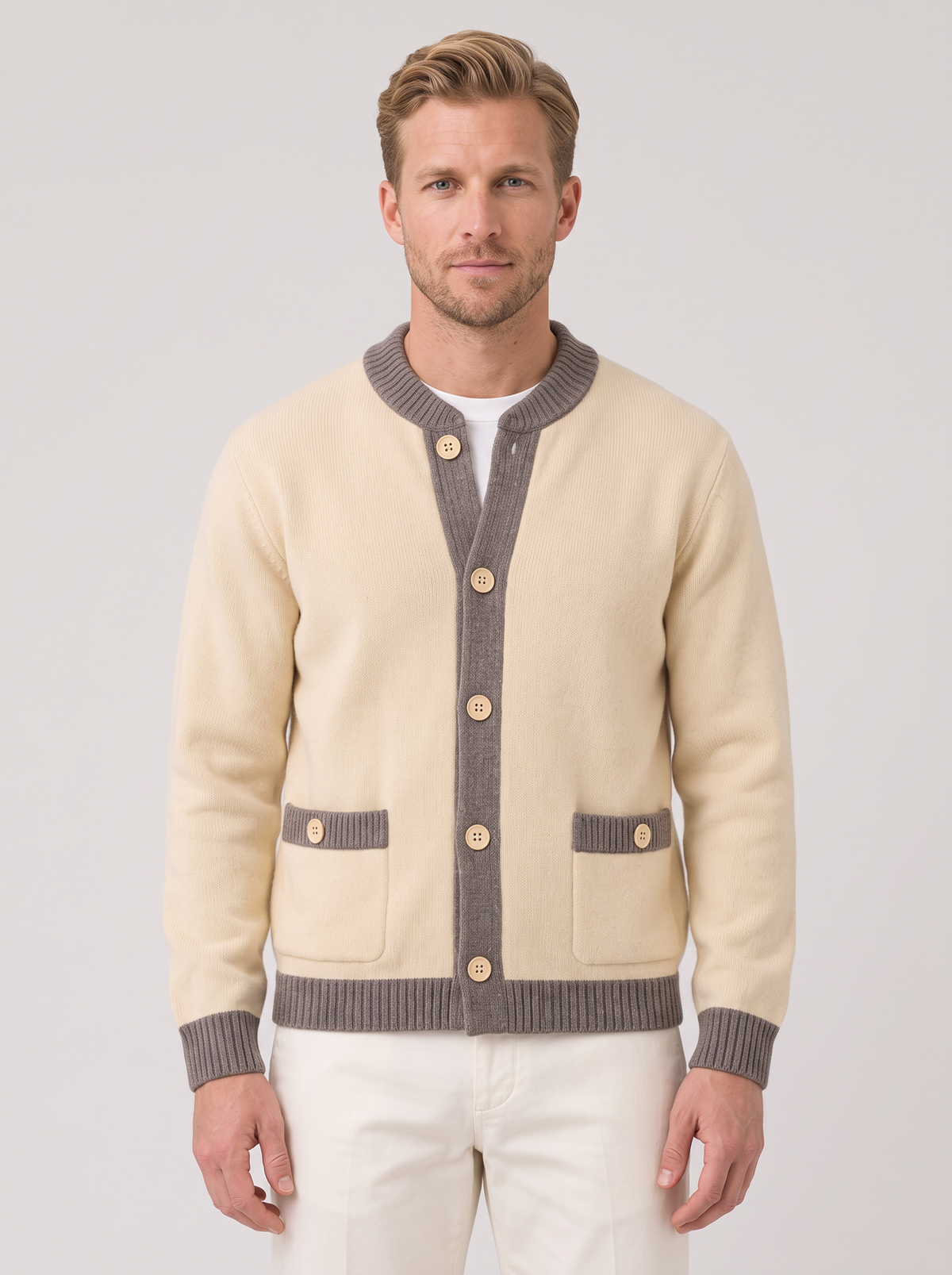 Cardigan Uomo Maglia Pesante Bordi a Contrasto Tasche Bottoni