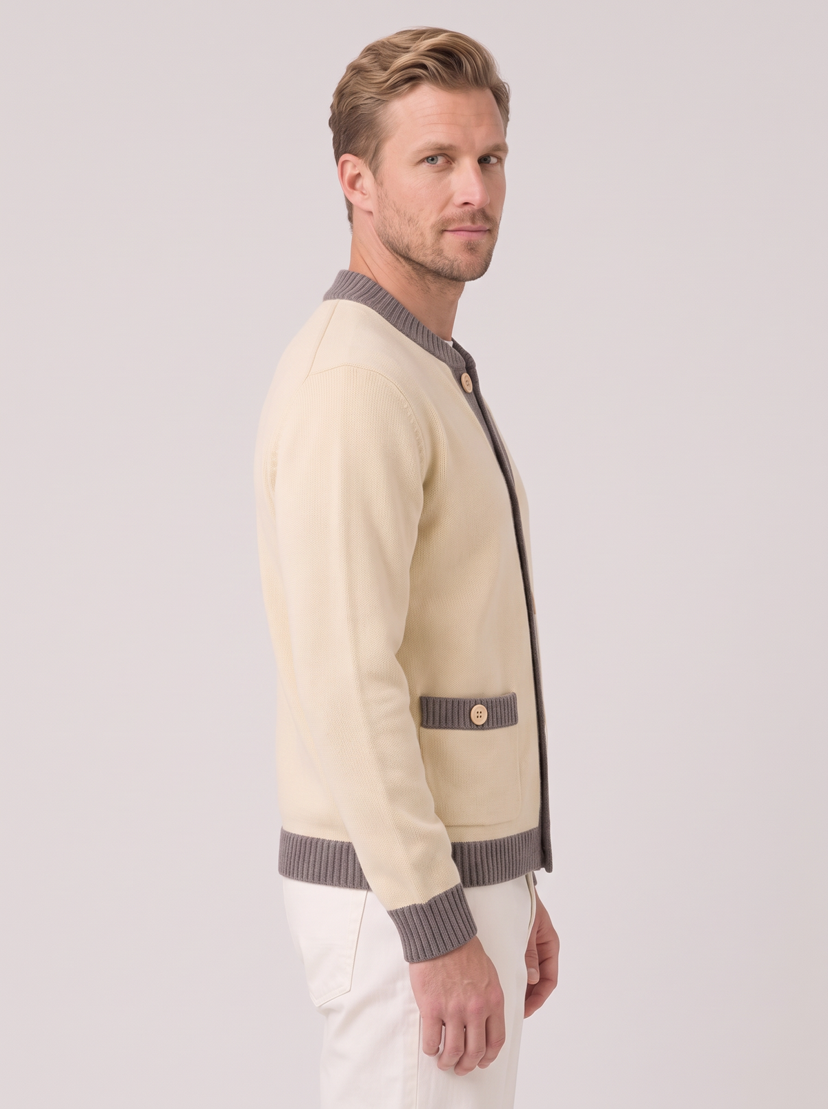 Cardigan Uomo Maglia Pesante Bordi a Contrasto Tasche Bottoni