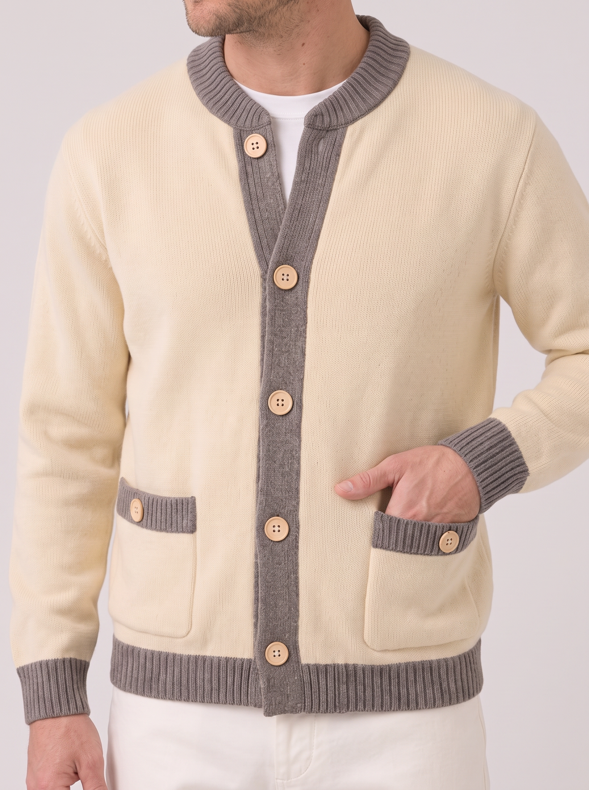 Cardigan Uomo Maglia Pesante Bordi a Contrasto Tasche Bottoni