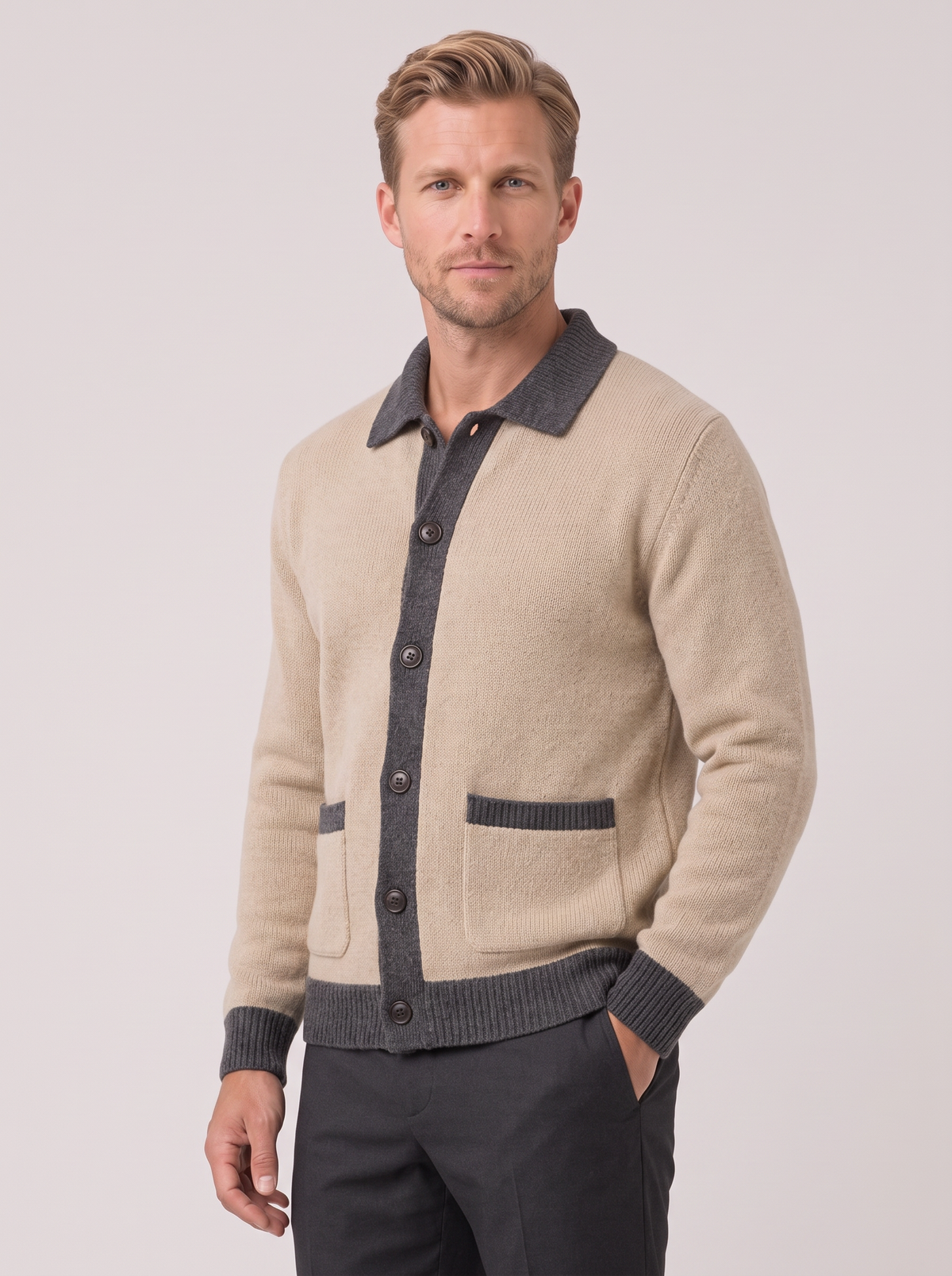 Cardigan Uomo Maglia Pesante Bordi a Contrasto Tasche Bottoni