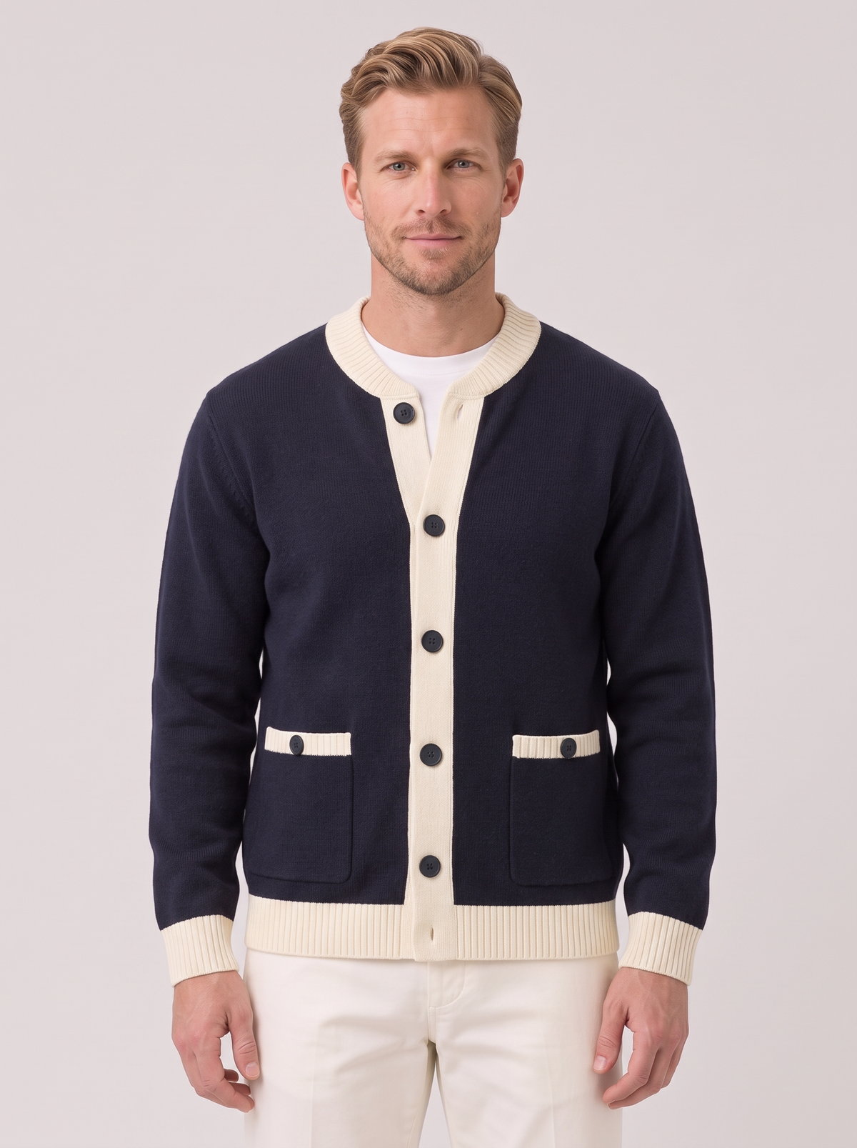 Cardigan Uomo Maglia Pesante Bordi a Contrasto Tasche Bottoni