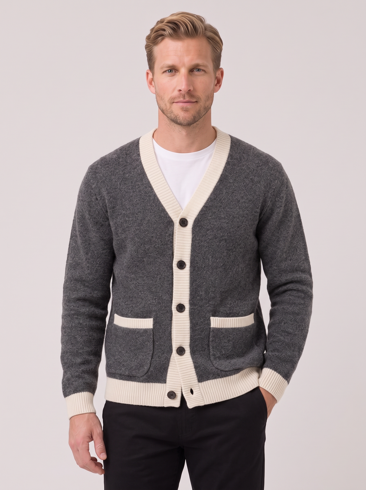 Cardigan Uomo Maglia Pesante Bordi a Contrasto Tasche Bottoni