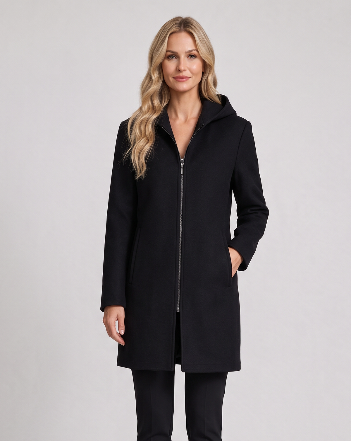 Cappotto Donna in Pura Lana con Cappuccio Zip Intera Lungo