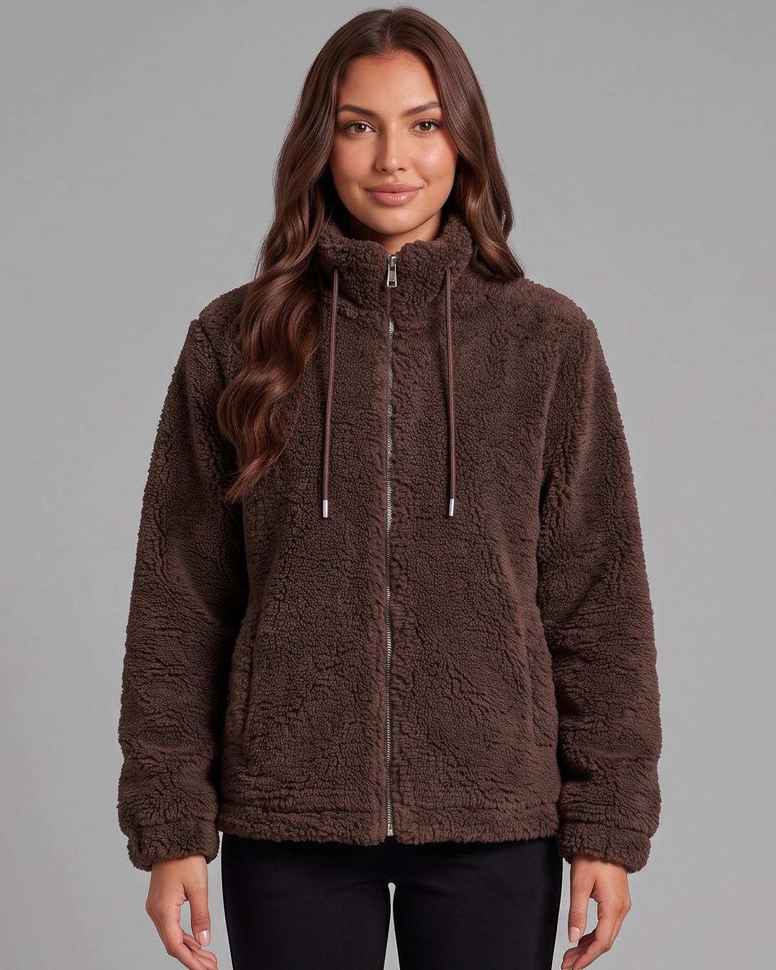 Giacca Donna in Pile Teddy Zip Intera Collo Alto Effetto Sherpa