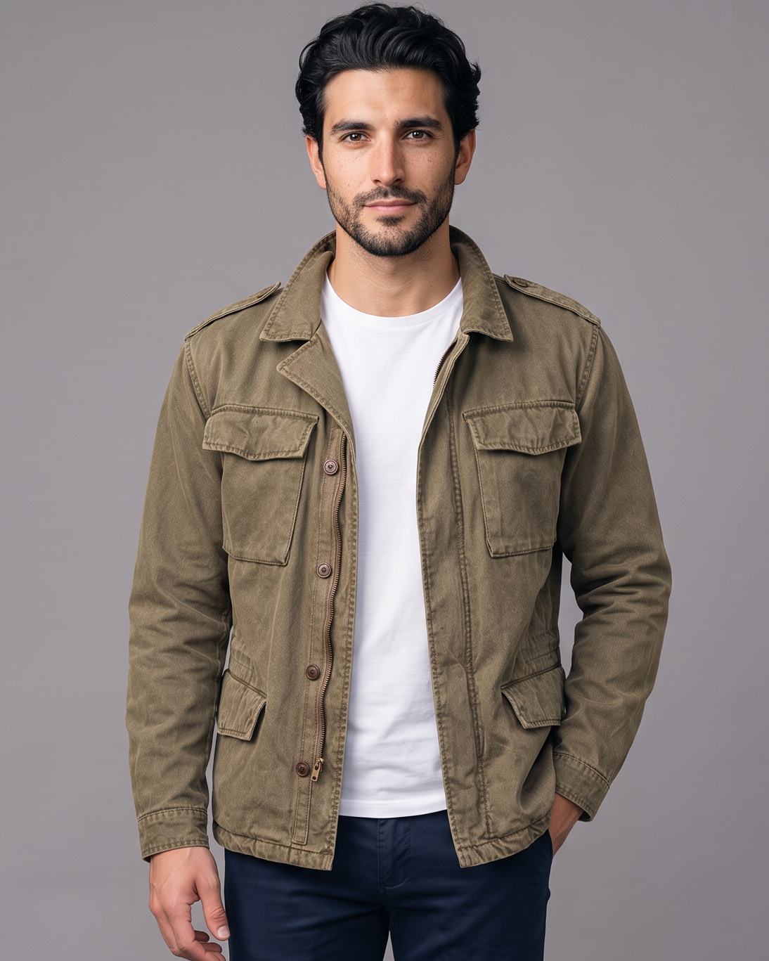 Field Jacket Uomo in Cotone Multitasche Utility Vita Sagomata