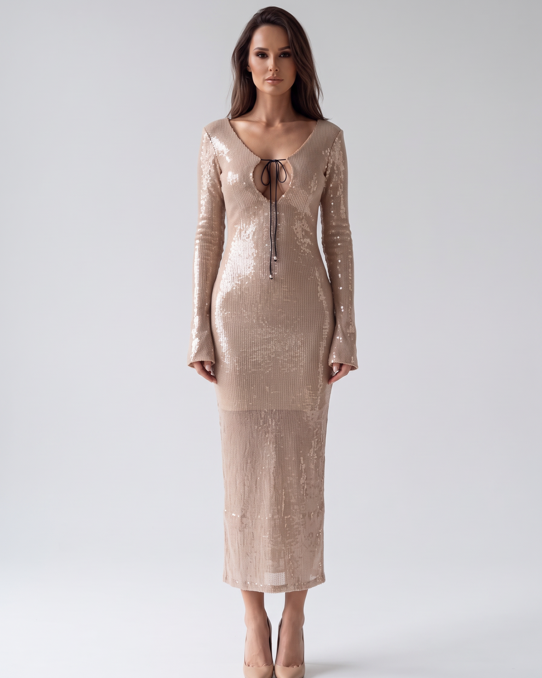 Abito Donna Lungo in Paillettes Scollo a V Aderente da Sera