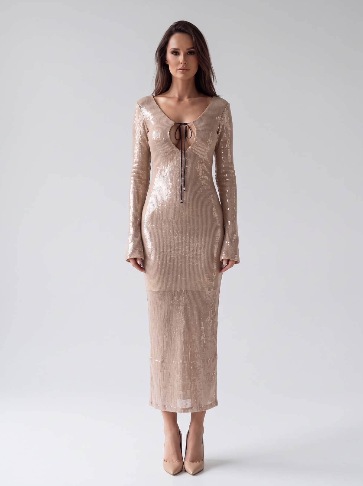Abito Donna Lungo in Paillettes Scollo a V Aderente da Sera