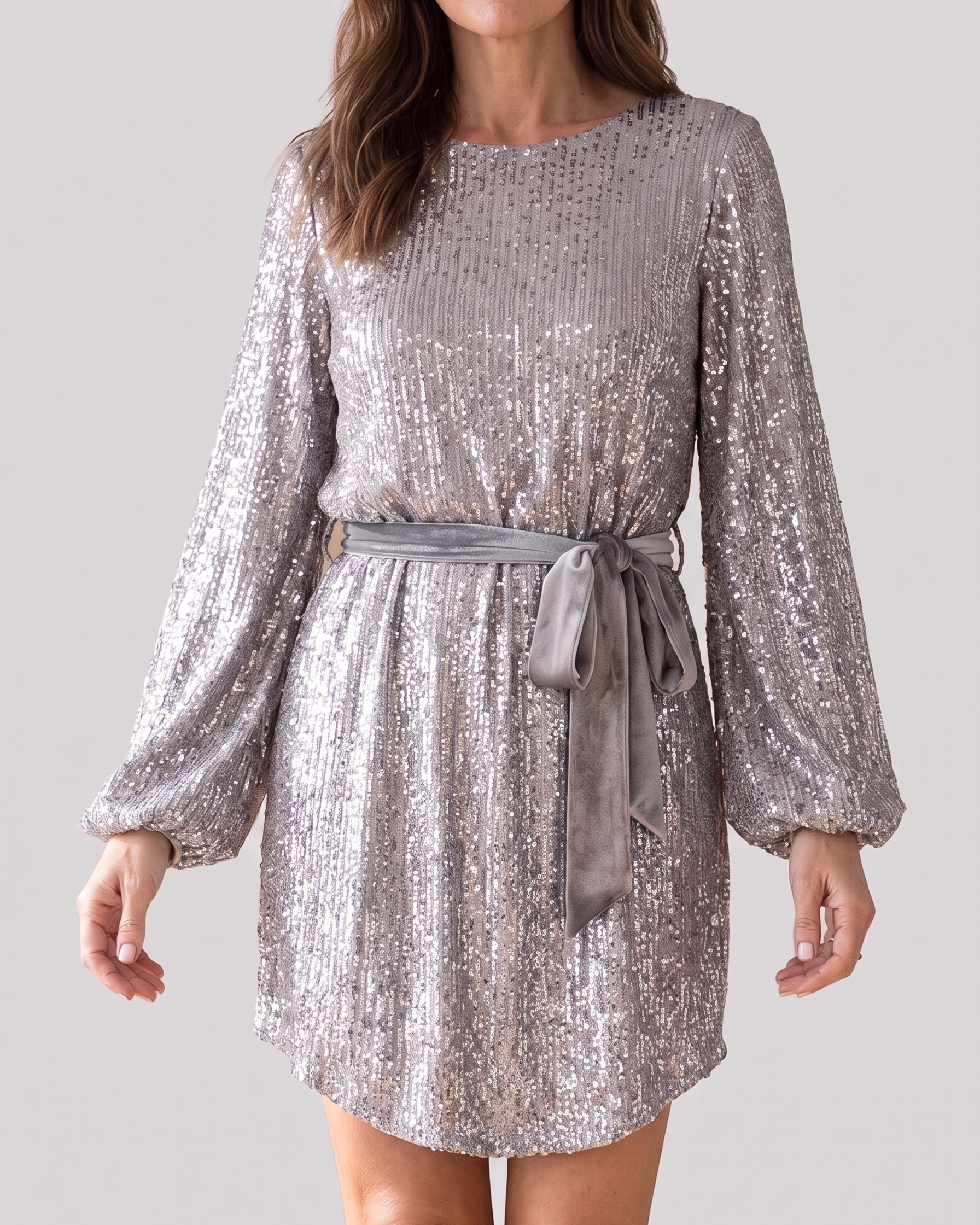 Abito Donna Corto in Paillettes Maniche a Palloncino Cintura da Sera