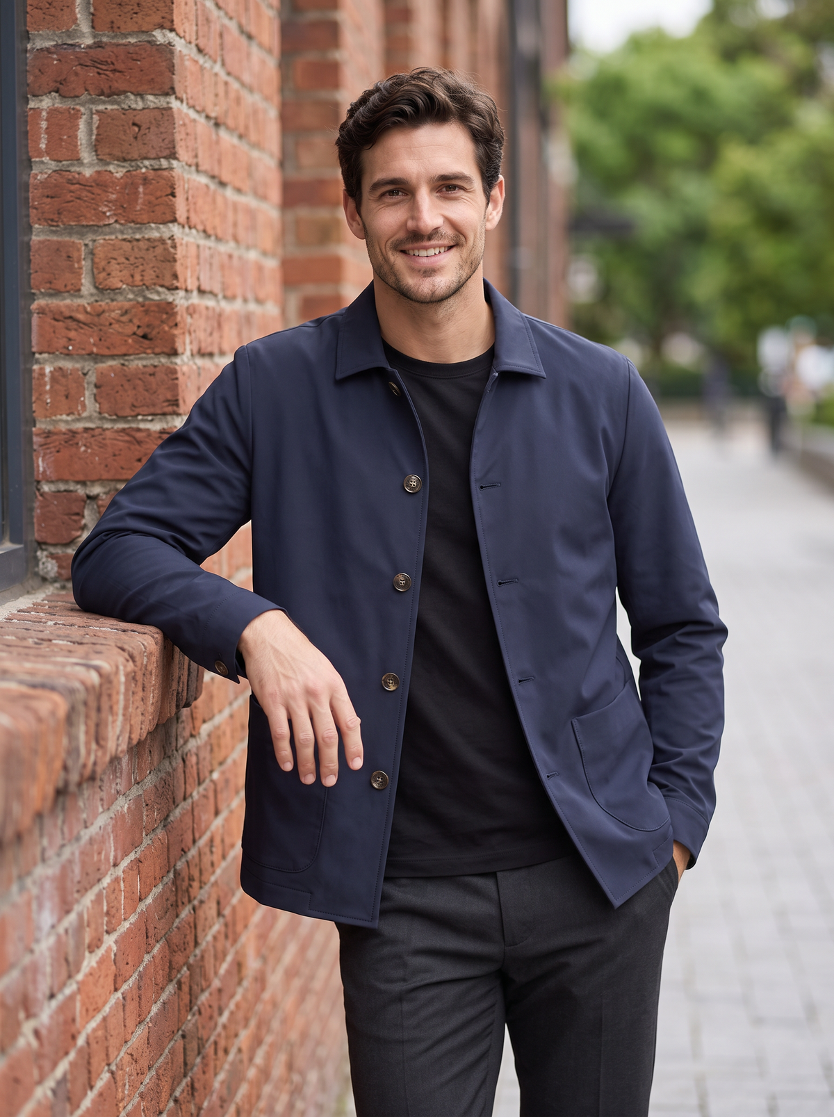 Camicia Giacca Uomo Blu Navy Bottoni Colletto Tasche Applicate