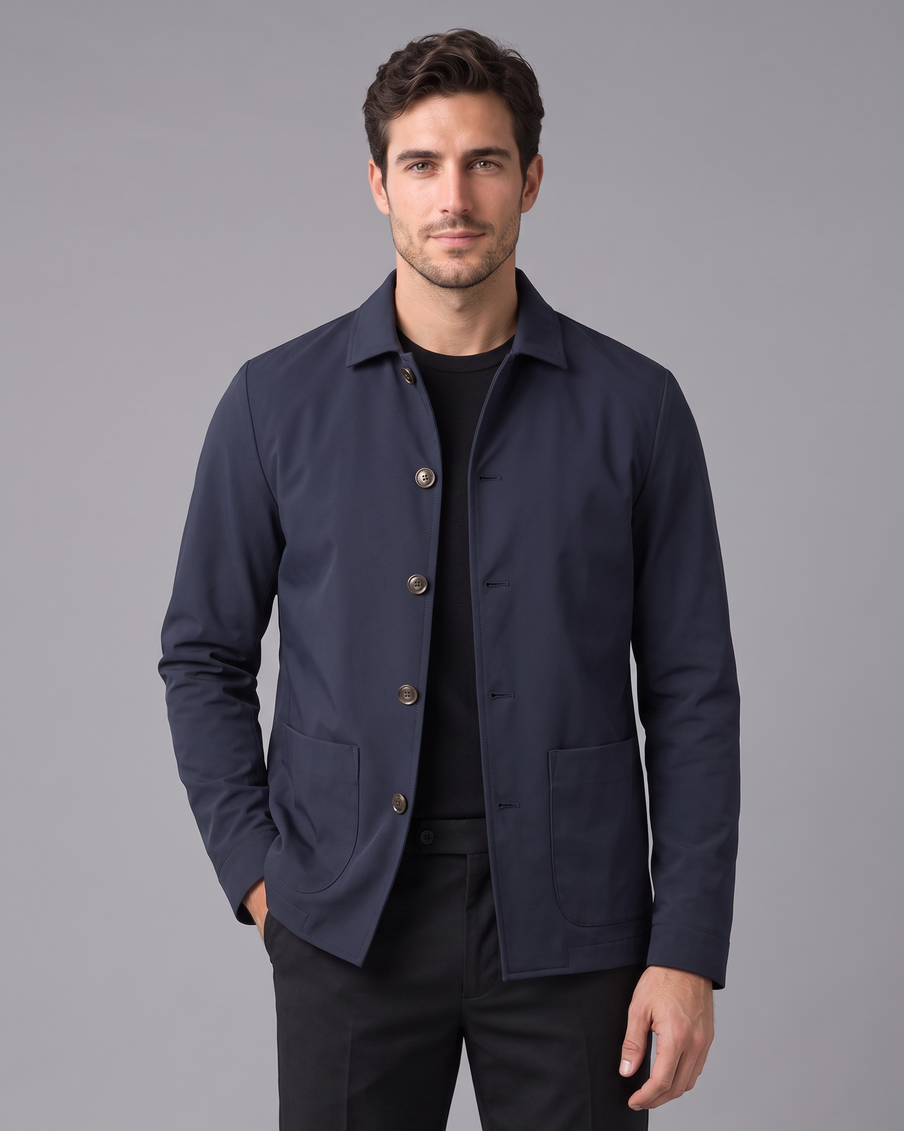 Camicia Giacca Uomo Blu Navy Bottoni Colletto Tasche Applicate