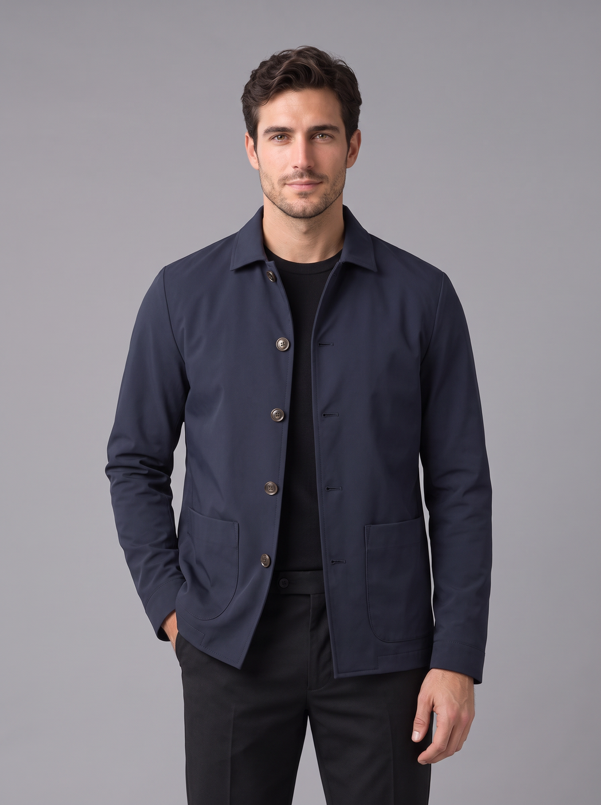Camicia Giacca Uomo Blu Navy Bottoni Colletto Tasche Applicate