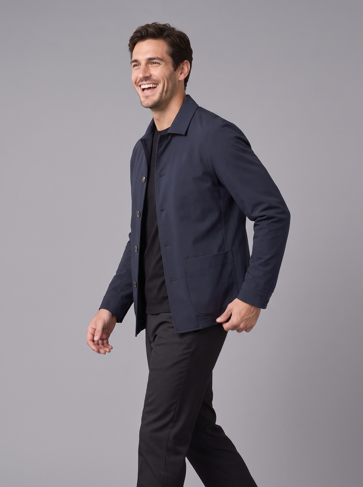 Camicia Giacca Uomo Blu Navy Bottoni Colletto Tasche Applicate