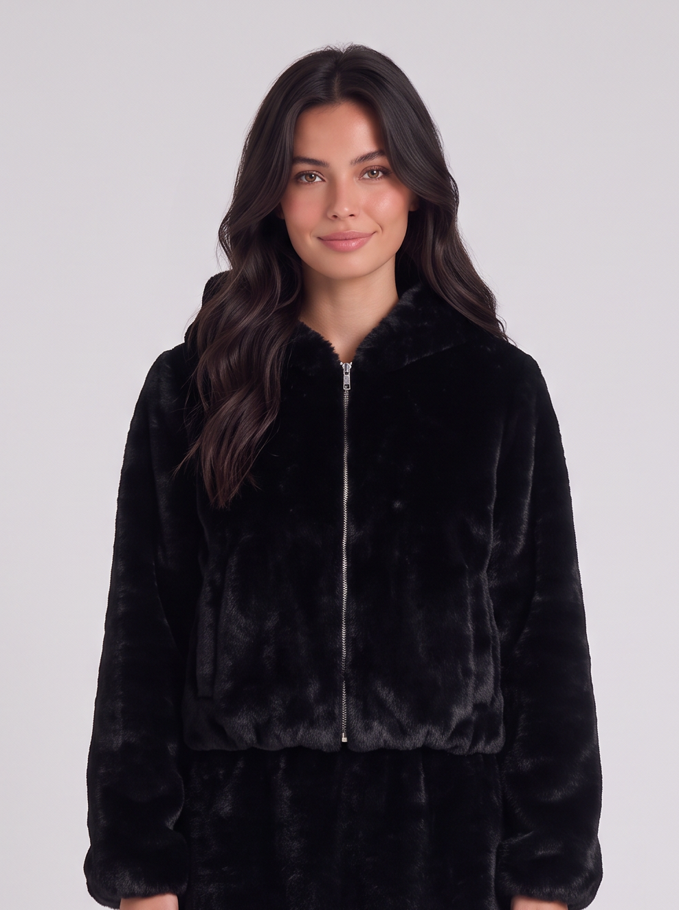 Cappotto Donna in Pelliccia Sintetica con Cappuccio Pelo Lungo