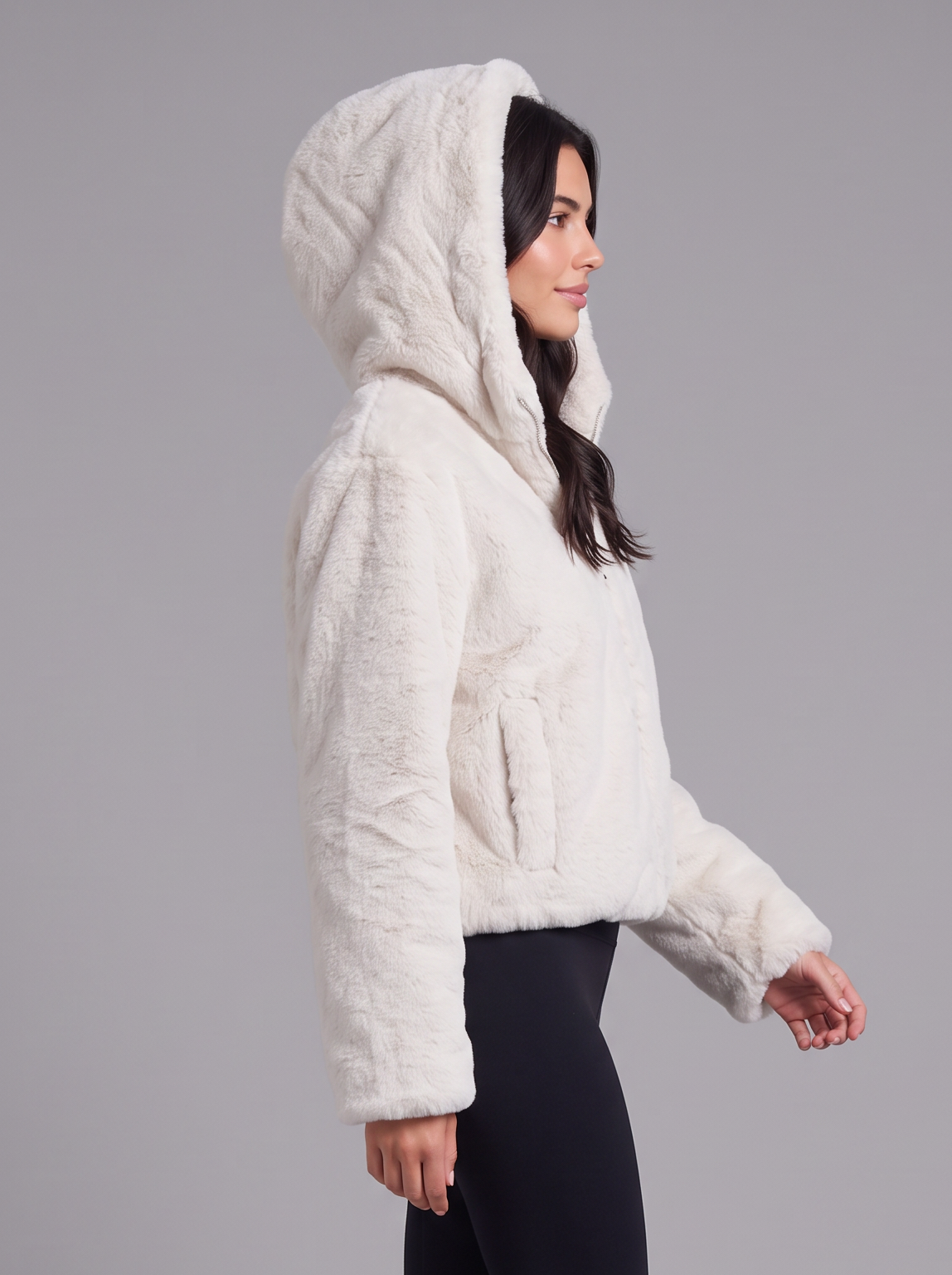 Cappotto Donna in Pelliccia Sintetica con Cappuccio Pelo Lungo