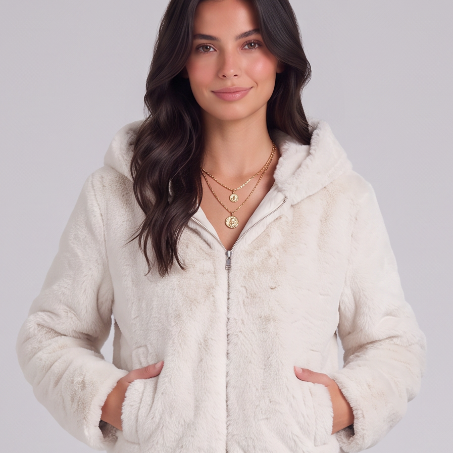 Cappotto Donna in Pelliccia Sintetica con Cappuccio Pelo Lungo