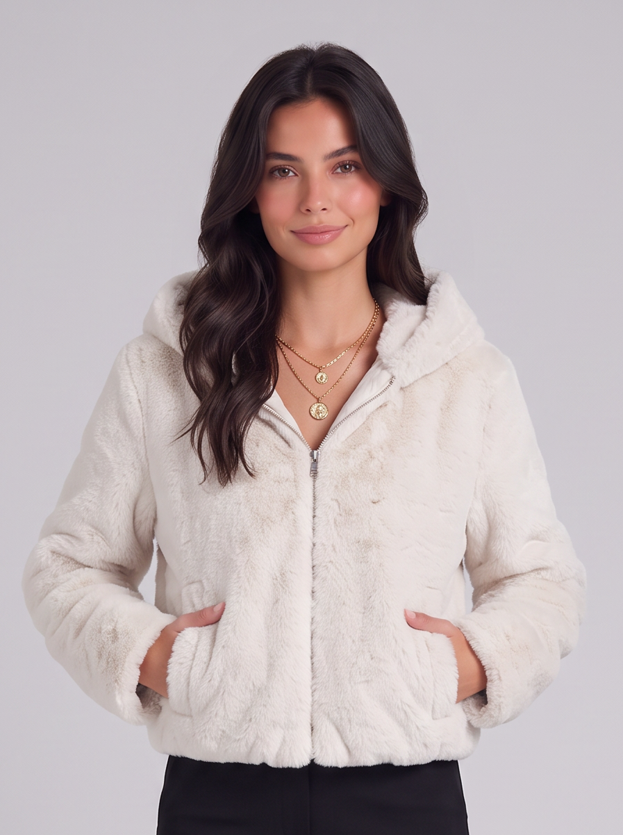 Cappotto Donna in Pelliccia Sintetica con Cappuccio Pelo Lungo