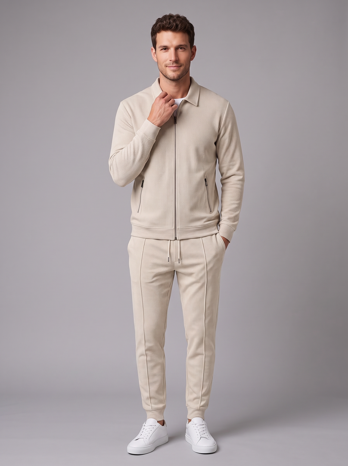 Tuta Uomo Giacca Zip e Joggers in Maglia Waffle Completo Uomo