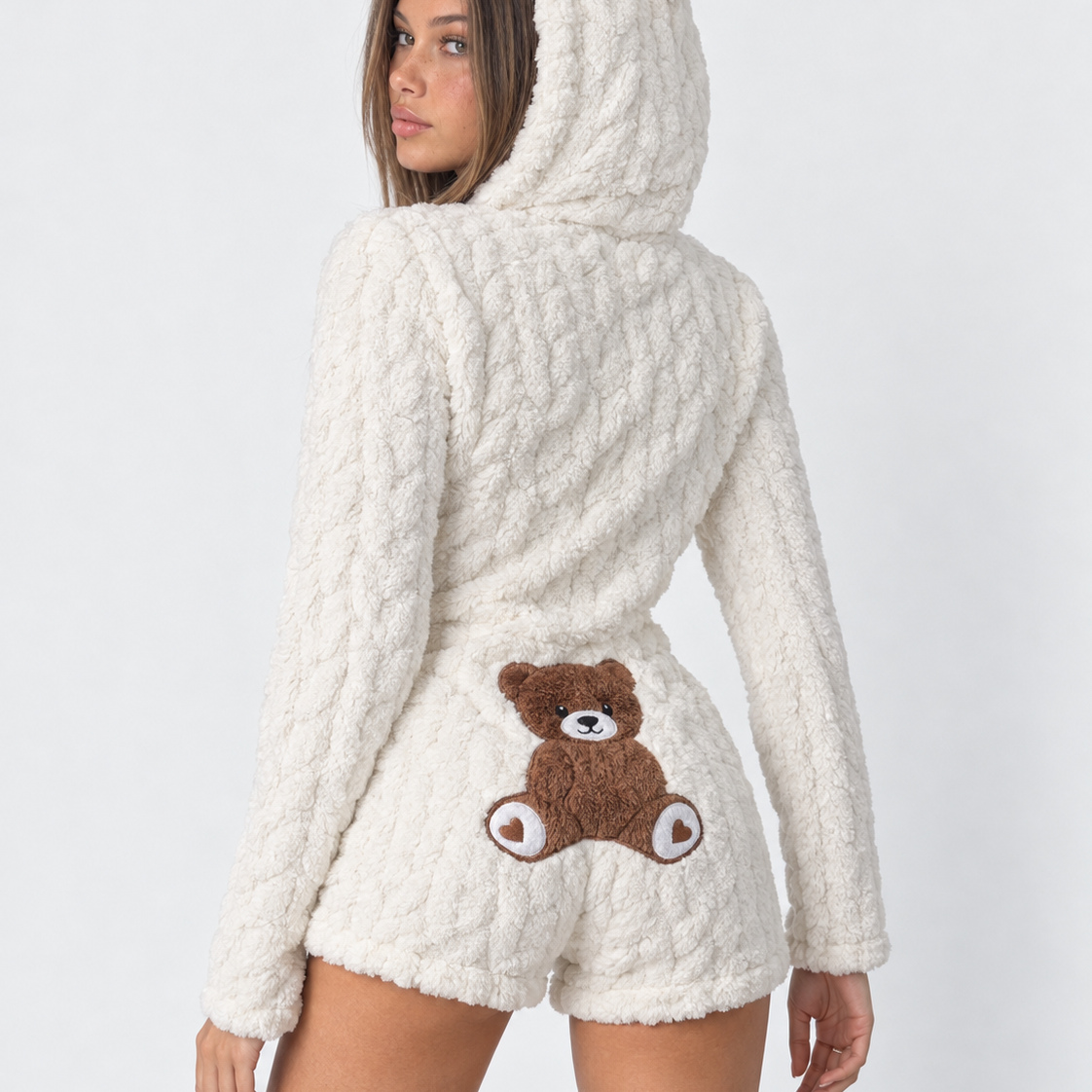 Pigiama Donna Pagliaccetto in Peluche Teddy Cappuccio Orecchie Orsetto