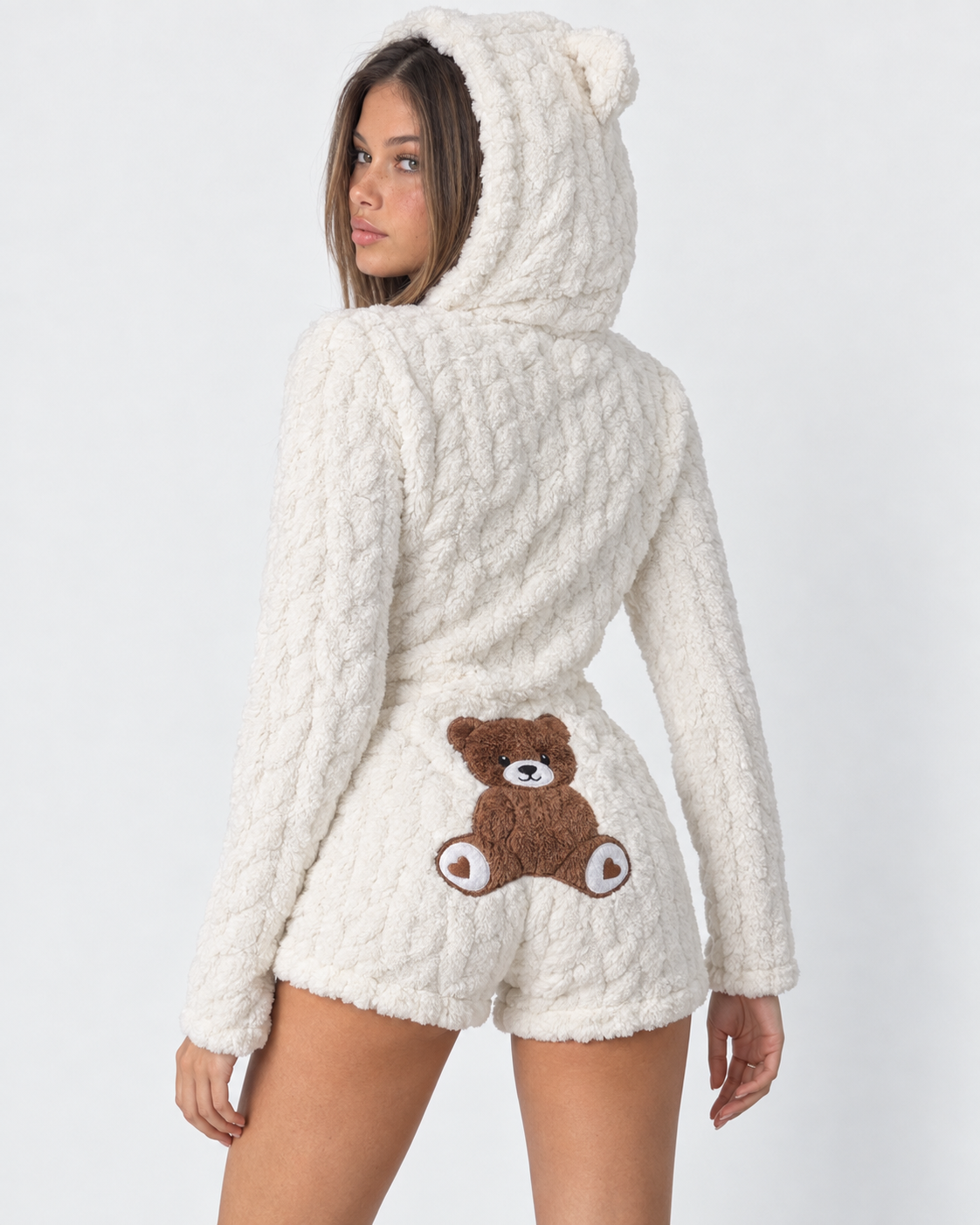 Pigiama Donna Pagliaccetto in Peluche Teddy Cappuccio Orecchie Orsetto