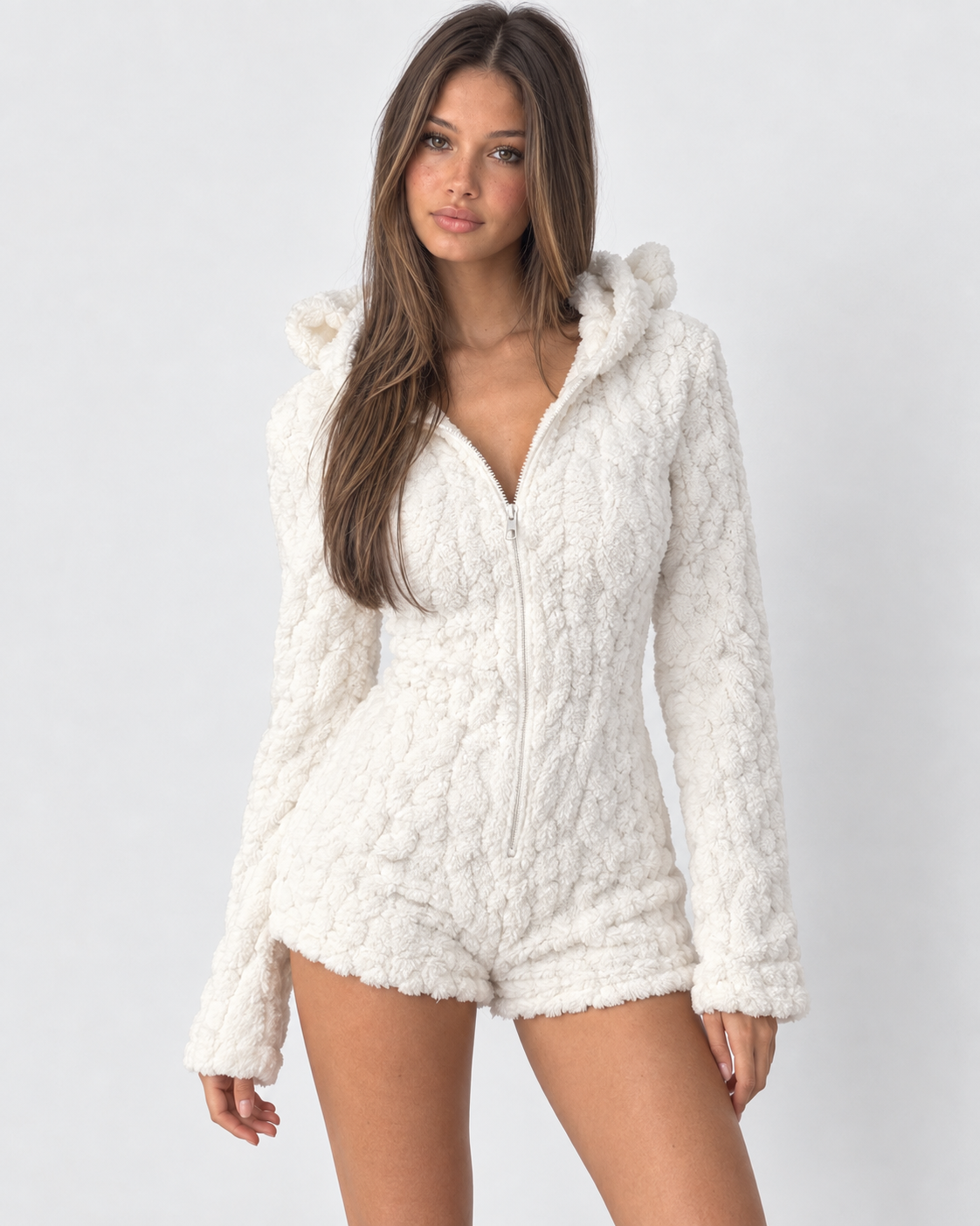 Pigiama Donna Pagliaccetto in Peluche Teddy Cappuccio Orecchie Orsetto