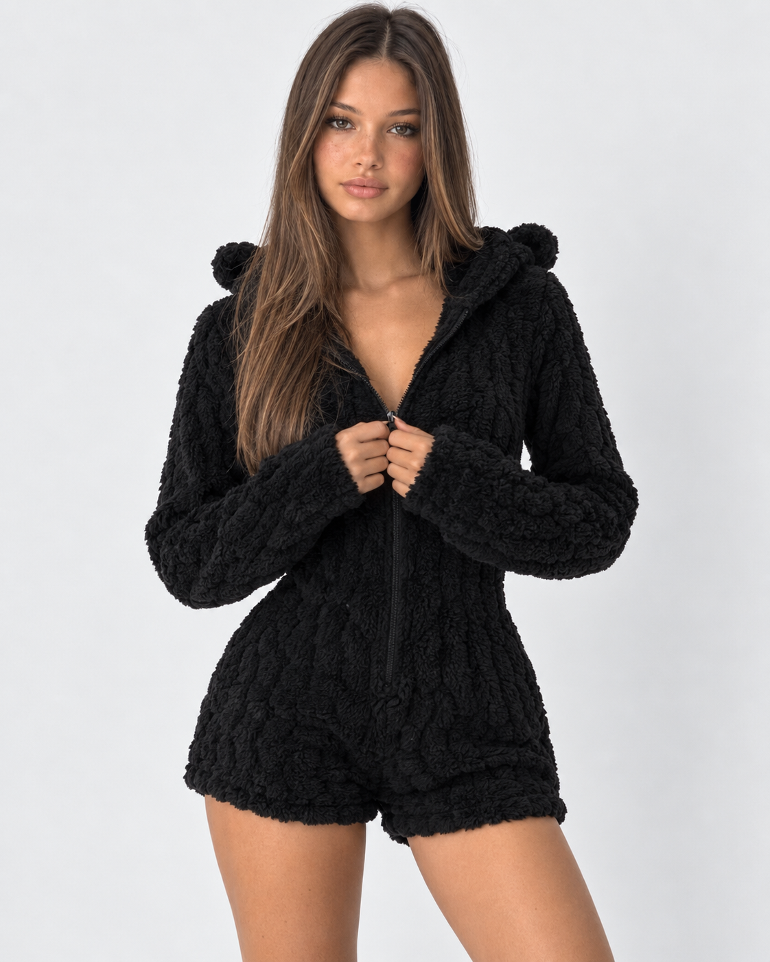 Pigiama Donna Pagliaccetto in Peluche Teddy Cappuccio Orecchie Orsetto