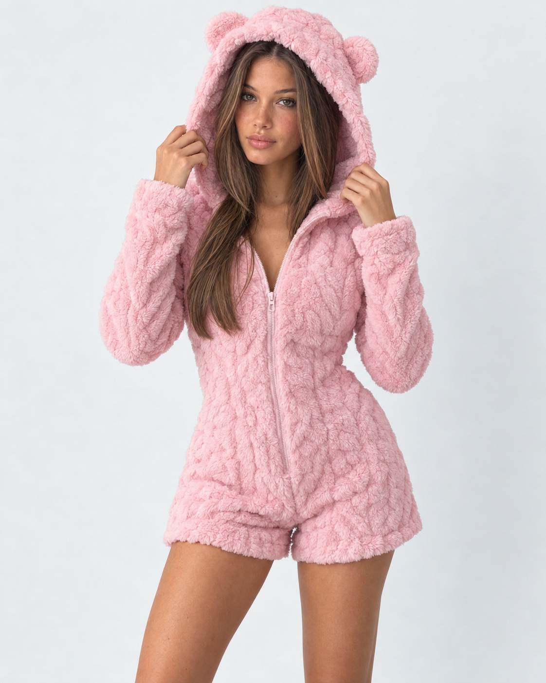 Pigiama Donna Pagliaccetto in Peluche Teddy Cappuccio Orecchie Orsetto