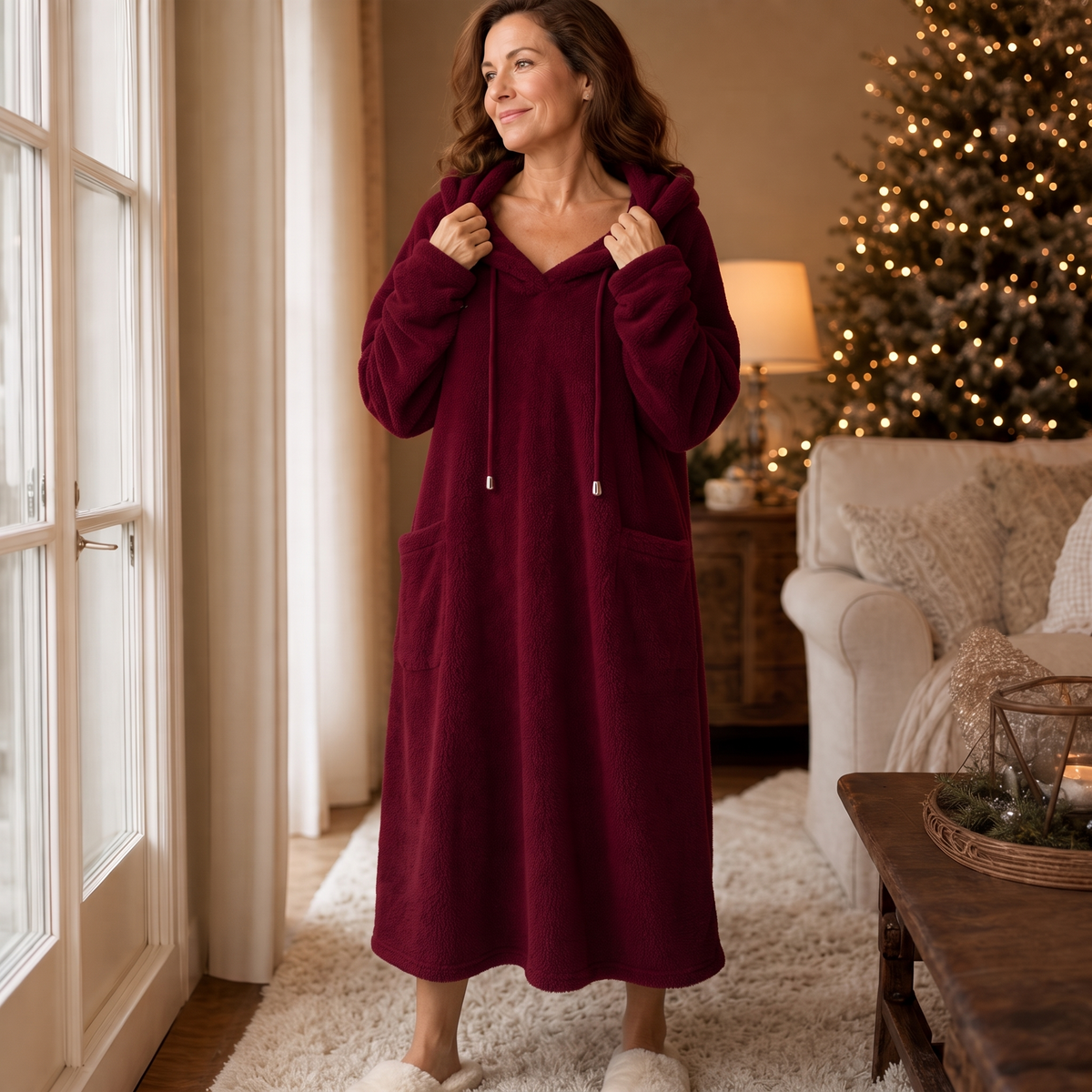 Abito Donna Lungo in Peluche con Cappuccio Homewear Linea ad A