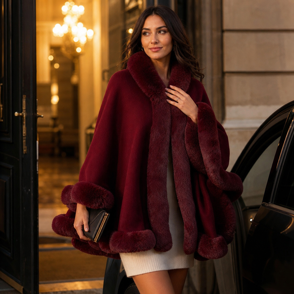 Mantella Donna in Maglia con Cappuccio Bordo Pelliccia Sintetica Lunga