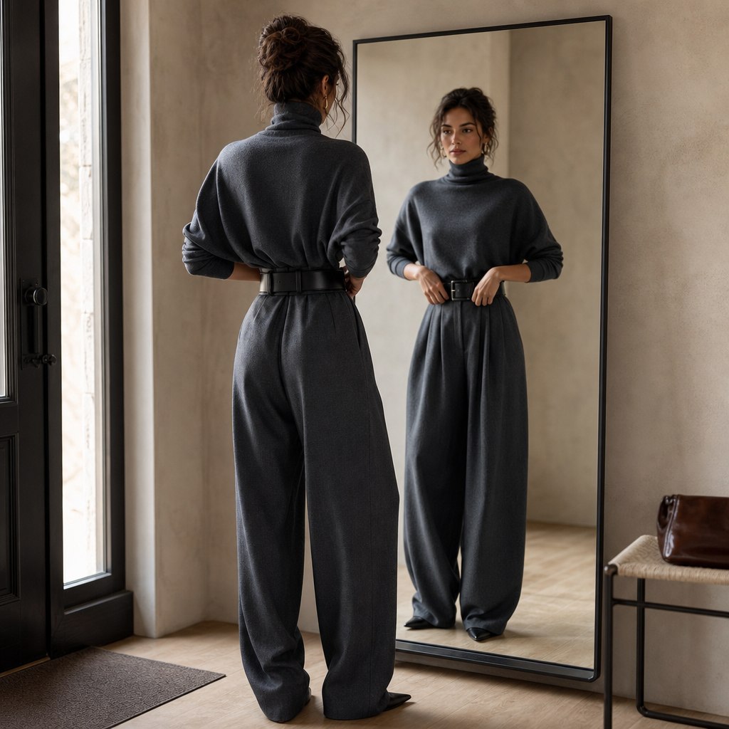Completo Donna Dolcevita e Pantaloni Vita Alta con Cintura Coordinato