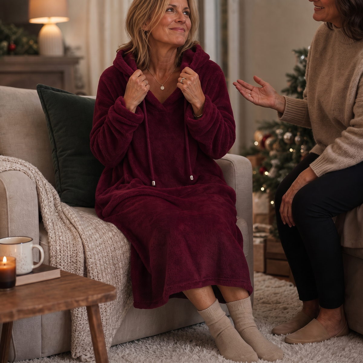 Abito Donna Lungo in Peluche con Cappuccio Homewear Linea ad A