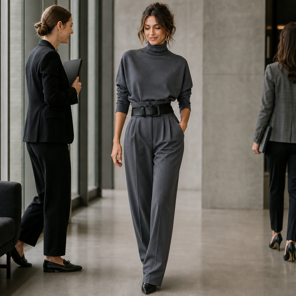 Completo Donna Dolcevita e Pantaloni Vita Alta con Cintura Coordinato