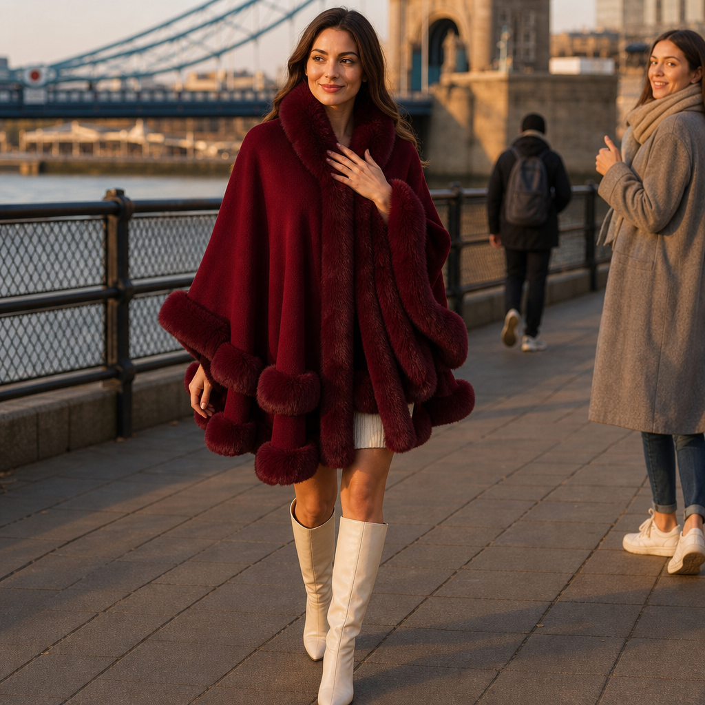 Mantella Donna in Maglia con Cappuccio Bordo Pelliccia Sintetica Lunga