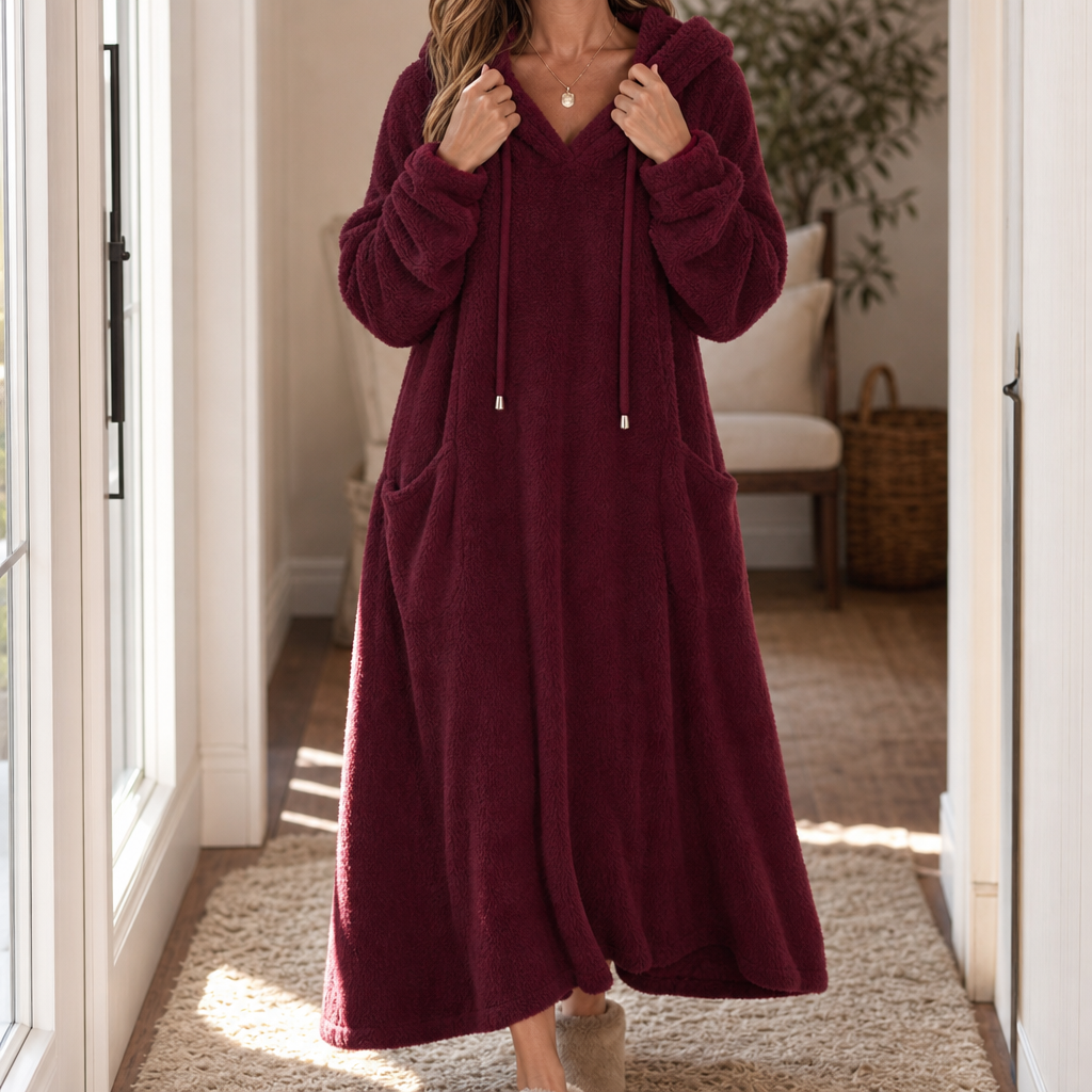 Abito Donna Lungo in Peluche con Cappuccio Homewear Linea ad A