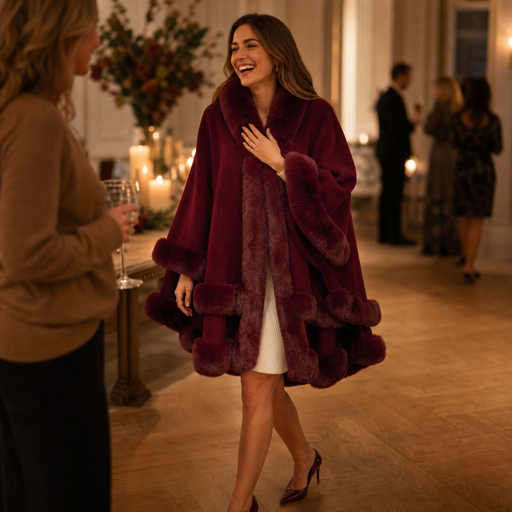Mantella Donna in Maglia con Cappuccio Bordo Pelliccia Sintetica Lunga