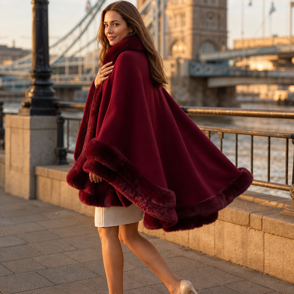 Mantella Donna in Maglia con Cappuccio Bordo Pelliccia Sintetica Lunga