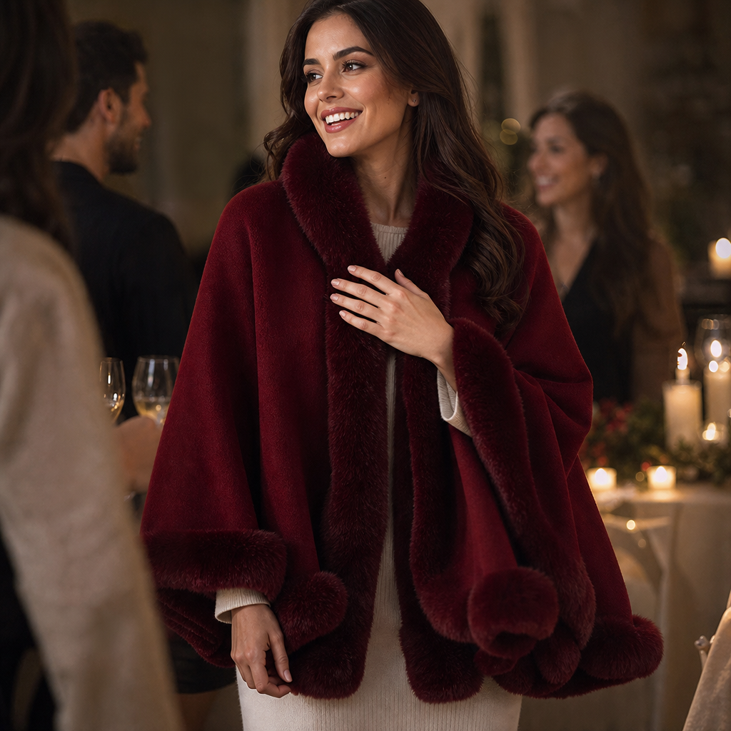 Mantella Donna in Maglia con Cappuccio Bordo Pelliccia Sintetica Lunga