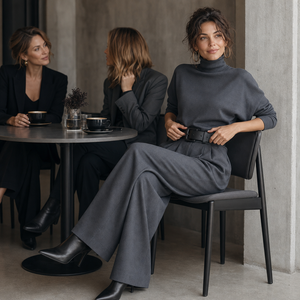 Completo Donna Dolcevita e Pantaloni Vita Alta con Cintura Coordinato