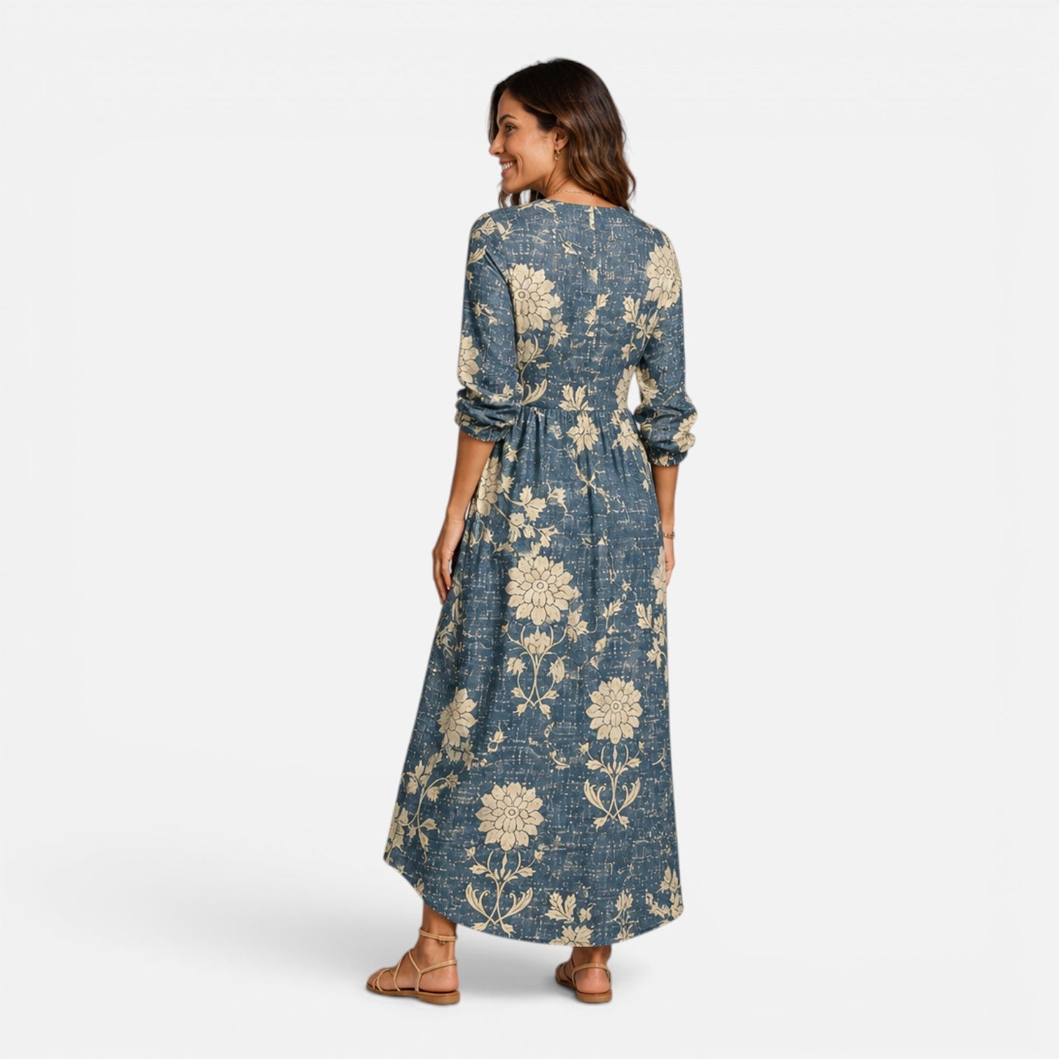 Abito Lungo Donna in Lino Floreale Estivo Scollo a V