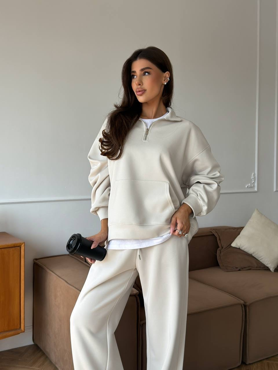 Completo Donna Felpa Mezza Zip e Pantaloni Ampi Coordinato Donna
