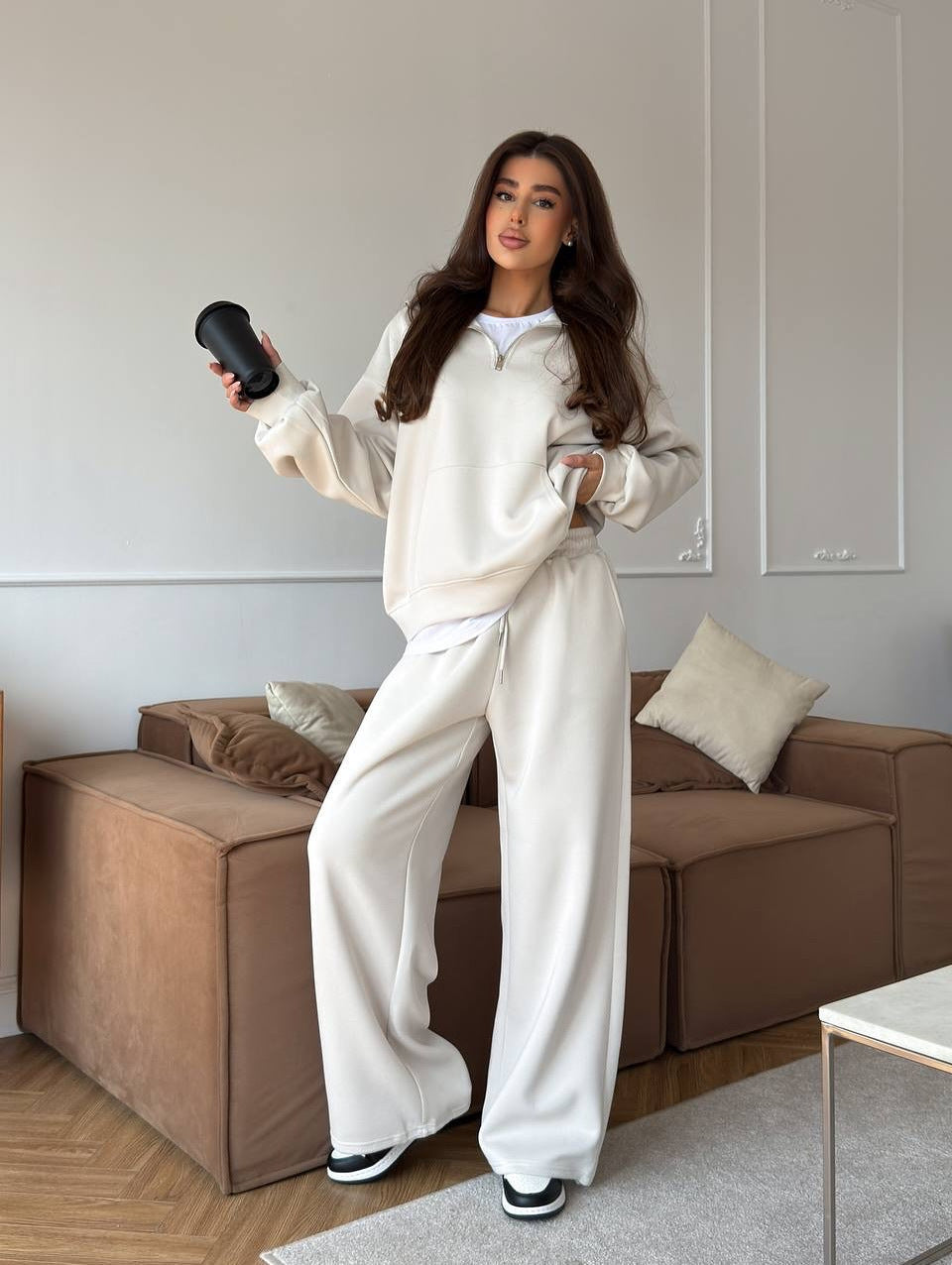 Completo Donna Felpa Mezza Zip e Pantaloni Ampi Coordinato Donna