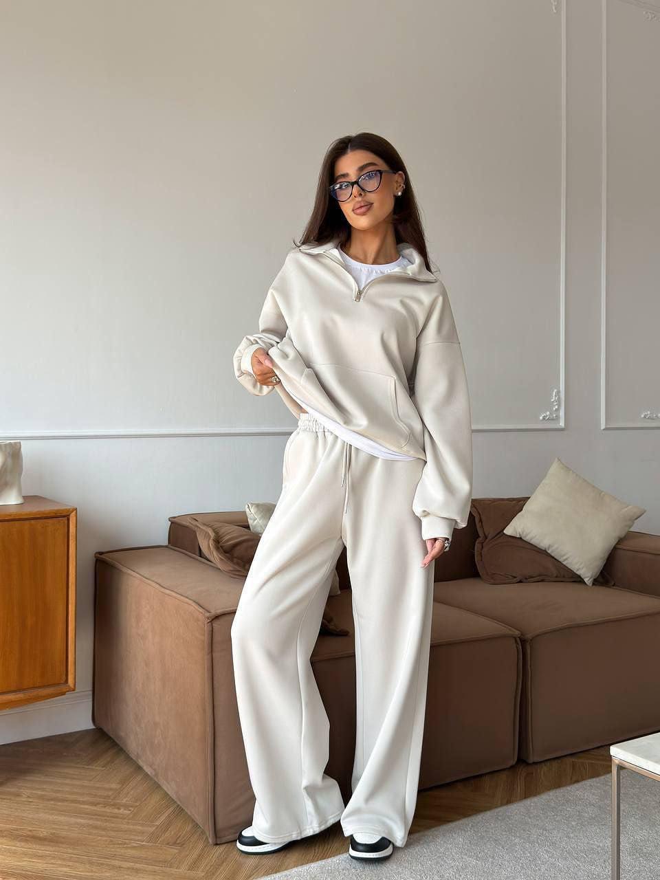Completo Donna Felpa Mezza Zip e Pantaloni Ampi Coordinato Donna