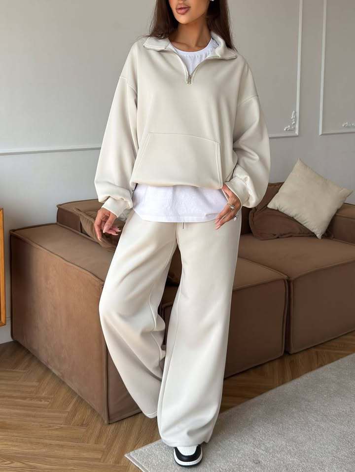 Completo Donna Felpa Mezza Zip e Pantaloni Ampi Coordinato Donna