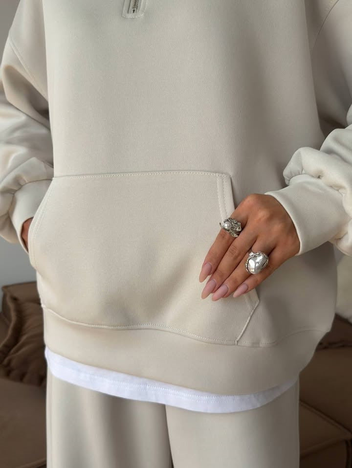 Completo Donna Felpa Mezza Zip e Pantaloni Ampi Coordinato Donna
