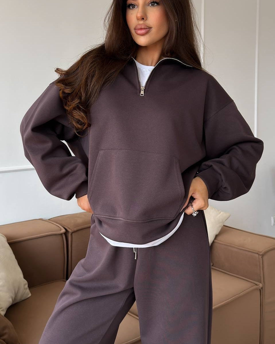 Completo Donna Felpa Mezza Zip e Pantaloni Ampi Coordinato Donna