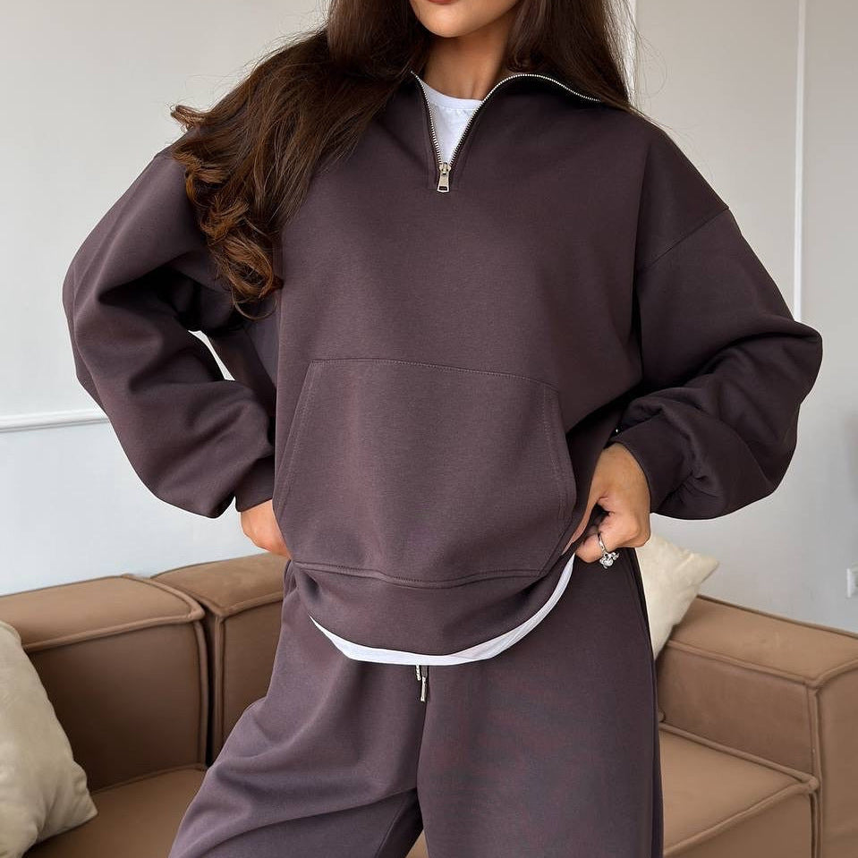 Completo Donna Felpa Mezza Zip e Pantaloni Ampi Coordinato Donna