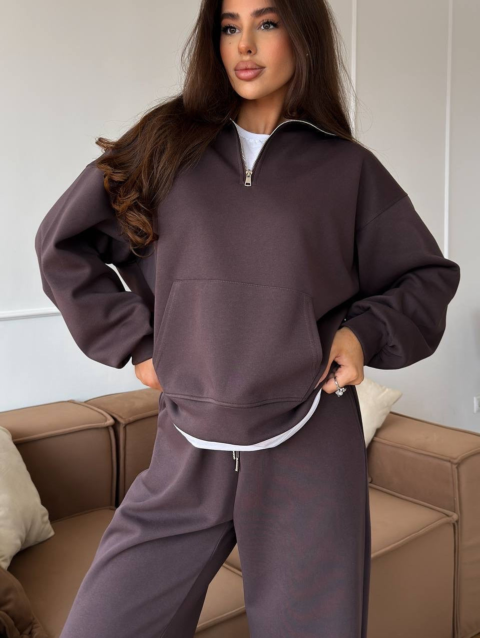 Completo Donna Felpa Mezza Zip e Pantaloni Ampi Coordinato Donna